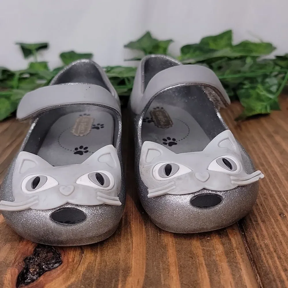 Mini Melissa. Size 8. Kids Glittery Cat Shoes - Gray. EUC